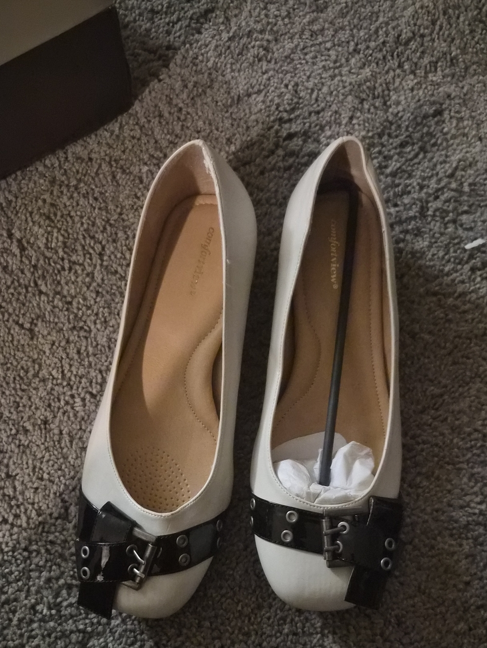 comfort plus by Predictions White Ballet Flats with Black Buckle Trim